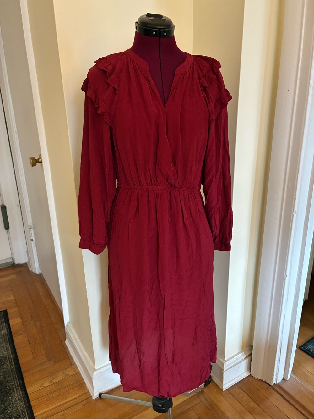 ba&sh Ulla Burgundy Long-Sleeve Ruffle Shoulder Midi Dress